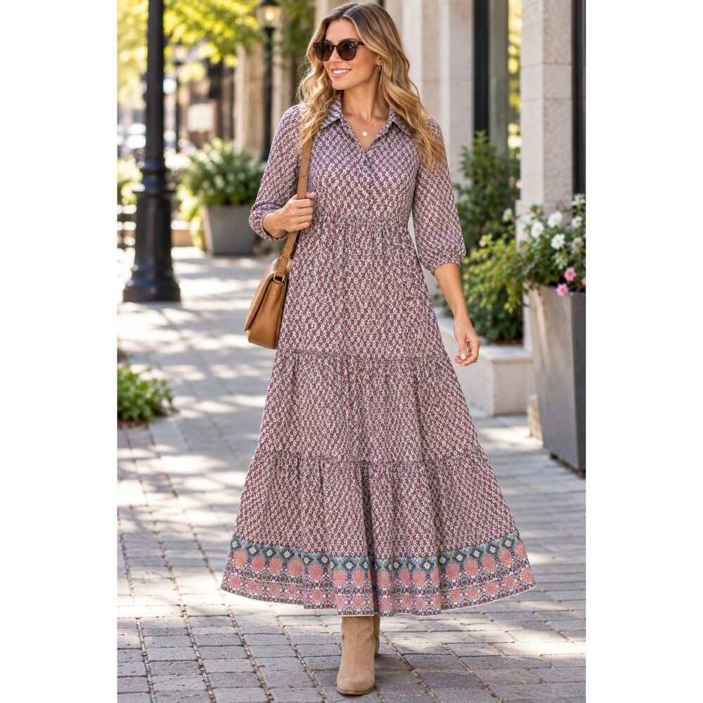 Max Studio Women’s Size S Maxi Dress Boho Geometric Print Long Sleeve Tiered Hem